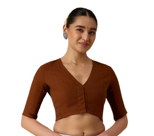 Image of Studio Shringaar Women's Thick Handloom Cotton Plain Side Stretch (Smocked) Readymade Saree Blouse