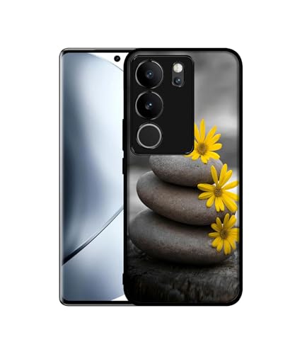 Image of Stones and Flower Design Premium 2D Printed Metal Back Case Cover for Vivo V29 5G / V29 Pro 5G, Black