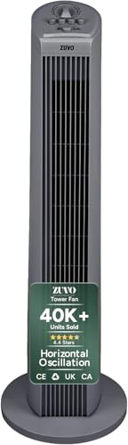 Zuvo 30' Tower Fan for Bedroom | Quiet Bladeless Oscillating Standing Fan, 3 Speeds, 90° Wide Oscillation, 2-Hour Timer | Home, Living Room & Office | Grey