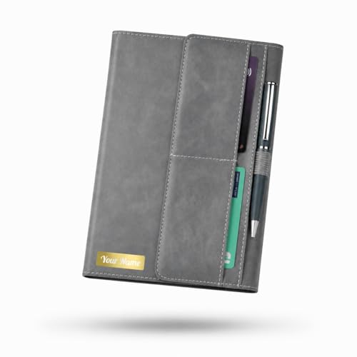 Image of FoldBook Stash Personalized Name Print A5 Notebook with Magnetic Flap Closure, 3-Fold Organizer Cover with Pockets & Pen Slot, 192 Pages 80 GSM Paper, Bookmark Ribbon, Custom Journal for Office School Gifts (GREY)