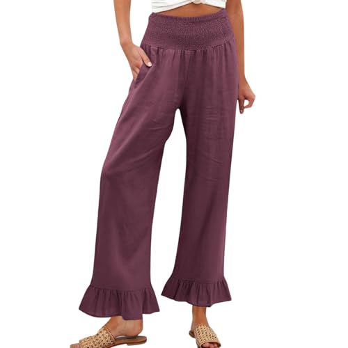 Image of Womens Linen Palazzo Pants Ruffle Hem Drawstring Boho Trousers Beach Travel Vacation Outfits