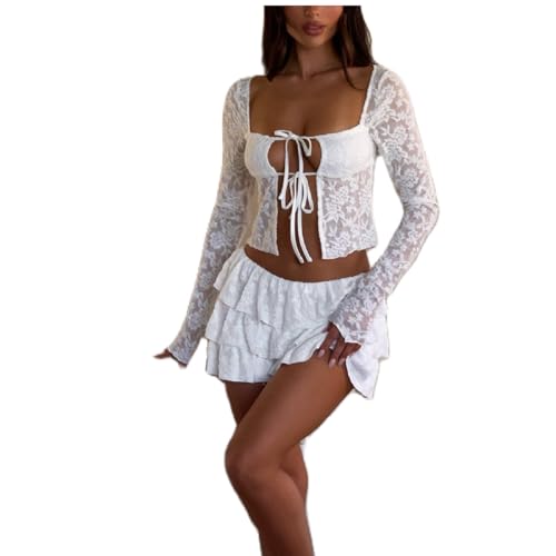 Women 2 Piece Lace Mini Skirt Set Sheer Mesh Deep V Neck Crop Top...
