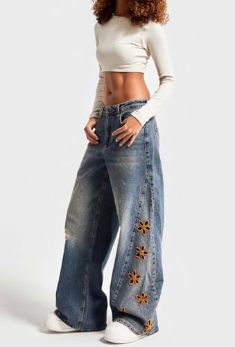 loveimgs Women Baggy Y2k Distressed Jeans Boyfriend Embroidered Ripped Denim Pants Wide Leg Patchwork High Waist Chambray2