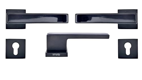 Image of G Plus Modern Door Handle Set with Square Keyhole Cover Plate,Mortise Lock with Ultra Brass 3 Keys & Brass pin Cylinder-60MM,One Side Knob & one Side Keys,(OSK) (Z Black Glossy, 60MM)