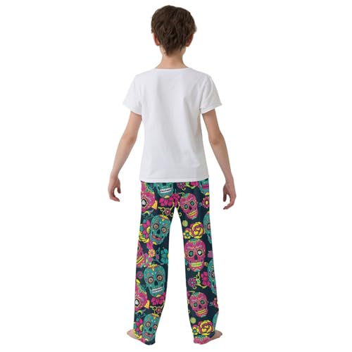 Mexican Skulls Floral Boys Long Pants Soft Trousers Elastic Waist Kids Lounge Bottoms with Pockets S-XL3