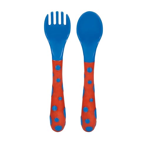Image of Nuby Toddler Spoons and Forks Set for Self-Feeding - 4 Pack - Toddler Utensils with Easy Grip Handles for Kids - Dishwasher Safe - 12+ Months - Red /Blue & Green /Yellow