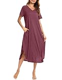 Nieery Women Nightdress Long Style Short Sleeve Nightgown, V Neck Cotton Nighties Nightshirts Sleepwear Night Summer Dress (Wine Red, Large)