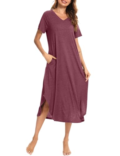 Nieery Cotton Nightdress for Women Short Sleeved, V Neck Long Nightshirts Sleepwear Night Dress (Wine Red, XX-Large)