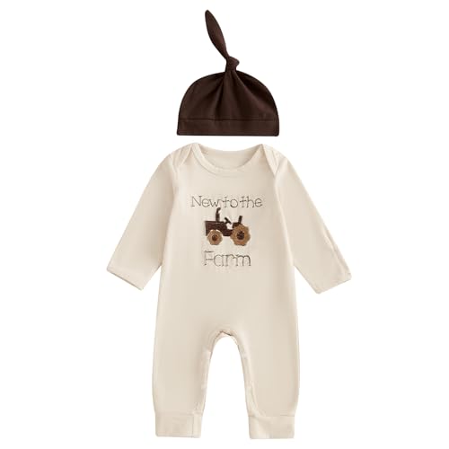 Image of Bagilaanoe Fall Outfit Newborn Baby Boy One Piece Clothes Farm Tractor Long Sleeve Romper Jumpsuit Hat Set