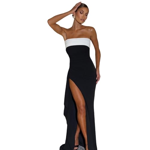 Image of Women's Sexy Strapless Backless High Split Long Maxi Dress Ruched Off Shoulder Sleeveless Bodycon Party Cocktail Dresses