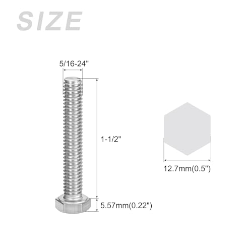 Image of METALLIXITY Hex Head Bolts (5 /16-24 x 1-1 /2 inch) 6Pcs, 304 Stainless Steel 18-8 Fully Threaded, External Hex Drive, Plain Finish, Hex Head Screw Bolt, Silver