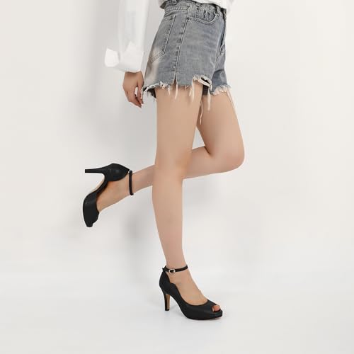 Image of AUMOTED Platform Stiletto Wedding Shoes Peep-Toe High Heels with 3.4 inch Heel Adjustable Buckle Non-Slip Sole Black Contrast Matte US Size 8