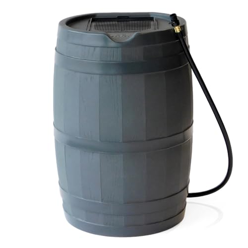 FCMP Outdoor 45 Gallon Heavy Duty Rain Water Catcher Barrel Container with Hose and Debris Screen for Outdoor Plants, Garden, and Landscapes (RC45-GRY) Grey