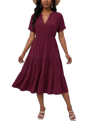 Image of PerZeal Women's Casual Tiered Midi Dress with Pockets - V Neck Short Sleeve Elastic Waist Ruffle Summer Dress for Daily Wear