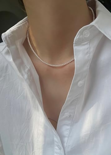 Eymi Simple Tiny Dainty Pearl Choker Necklace Jewelry for Women Sterling Silver Round White Pearl Strand Necklaces Adjustable4