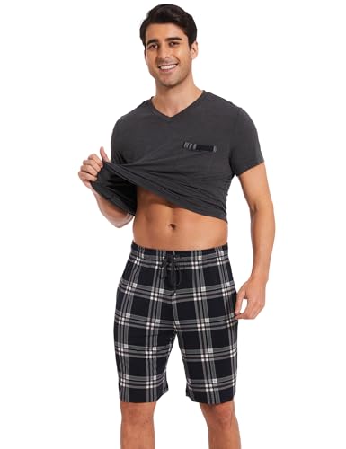 GYS Bamboo Viscose Mens Summer Pajamas Set Short Sleeve Plaid Pjs Shorts Set3