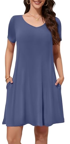 Image of WEACZZY Summer Dresses for Women 2026 V-Neck Casual T Shirt Dress Loose Short Sleeve Flowy Dresses with Pockets
