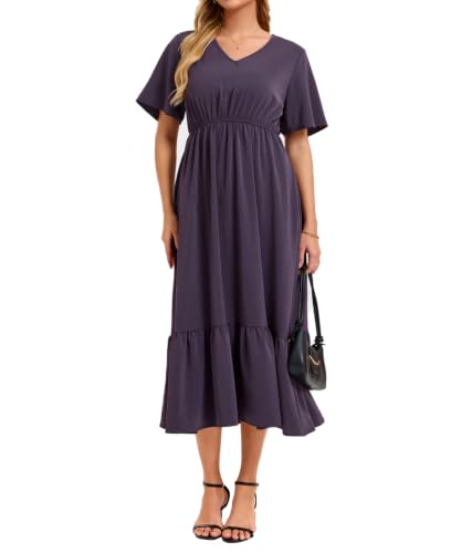 Image of Women's Summer Short Sleeve Maxi Floral Flowy Dresses with Pockets