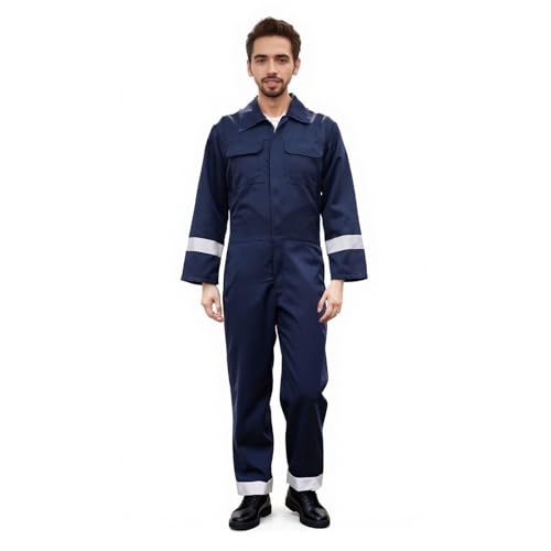 Maizoon Men's Hi Vis Coveralls Reflective Boiler Suit Polyester Wear-Resistant Safety Lightweight Overalls Stand Collar Dark Blue Jumpsuit for Factory XL