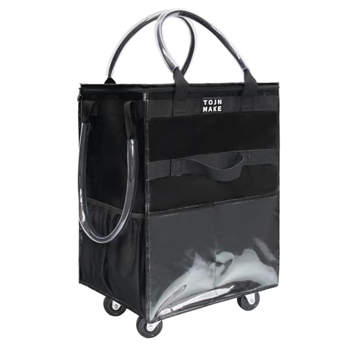 Reusable Grocery Bag On Wheels(Medium -Black), Rolling Tote Bag, Shopping Cart with 8 Pockets and...