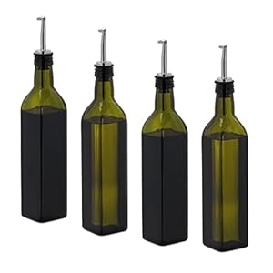 Relaxdays oliedispenser, set, 4 glazen flessen, 500 ml, met schenktuit, voor olijfolie & dressing, leeg, groen