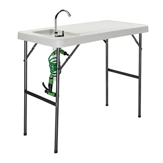Outvita Fish Cleaning Table, Folding Portable Camping Table with Sink Stainless Steel Faucet Drainage Hose Sprayer for Garden Patio Backyard BBQ White