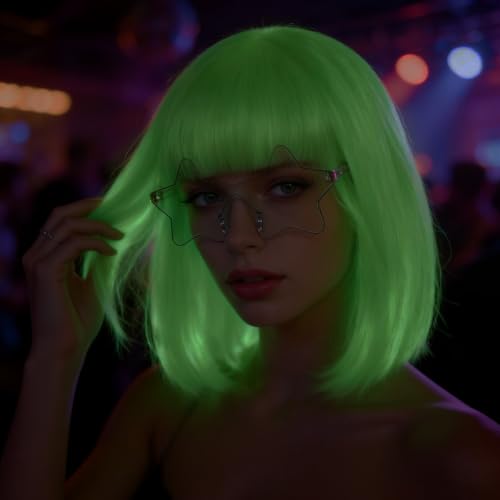 Image of ANOGOL White Bob Wig Women Glow In Dark Fluorescent Green Wigs