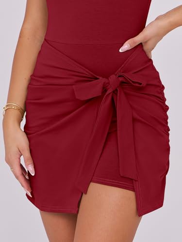 Image of Caracilia Women Summer Sleeveless Bodycon Tie Cinched Waist Romper Skort Mini Dress Built in Shorts Night Out Vacation Dress