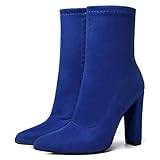 Blue Sock Booties Blue Boots for Women Sock Boots Heeled Boots Chunky High Heel Boots Suede Ankle Boots Fall Winter Dress Boots Pointed Toe Mid Calf Booties Party Casual