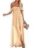 Happy Sailed Boho Dress for Women 2024 Summer Off Shoulder Smocked Maxi Dresses Flowy A Line Side Slit Sundress Fashion 2024 Beige Medium