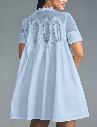 Image of Womens Summer Lace Mini Babydoll Dress Ruffled Collar Short Sleeve Loose Mesh Swing Elegant Flared Sundress