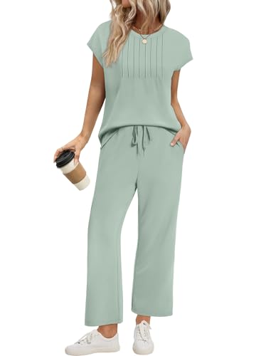 Image of Sampeel Two Piece Sets for Women Summer Vacation Outfits Cap Sleeve Tops Lounge Matching Sets Women Clothing