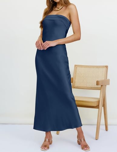 Image of MEROKEETY Women's Summer Satin Strapless Bodycon Dress 2026 Backless Tube Wedding Guest Cocktail Formal Party Maxi Dresses