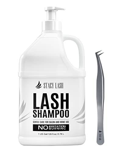 Stacy Lash Eyelash Extension Shampoo 1Us Gal & Stl-6 Volume Tweezers/Eyelid Foaming Cleanser/Makeup Remover / 50 Aftercare Cards/Precision Stainless Steel Tool/Supplies Professional & Home Use #TOP30
