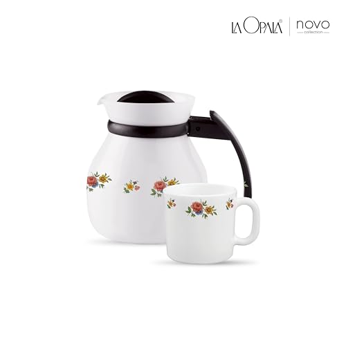 Image of La Opala Novo Collection Opal Glass Crockery | Coffee Set 7 pcs | Coffee Mug with Coffee Pot, Petite Roses | for Tea & Coffee | Microwave Safe | 100% Vegetarian | Extra Strong | Light & White