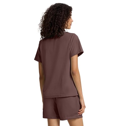 SIORO Button Down Pajamas Set for Women Short Sleeve Sleepwear Lightweight Waffle Knit Loungewear Shorts Set Nightwear2