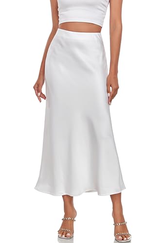 Women's Silk Satin Maxi Skirt High Waist Elastic A Line Fishtail Elegant Work Elastic Long Skirts White