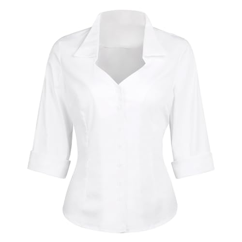 YARN & INK Women's Elegant Classic-Fit Casual Blouses Button Down 3/4 Sleeve Dressy Shirt 1950s Retro Work Office Tops
