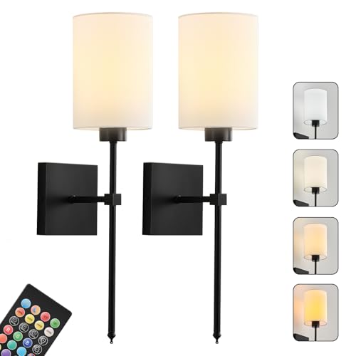 Image of KARTOOSH Battery Operated Wall Sconce Set of Two, Wireless Rechargeable Wall Light with Remote Control, Dimmable, 4 Color Temperatures, RGB, Timer, for Living Room,Bedroom,Entryway, Black, 20.6 Inch