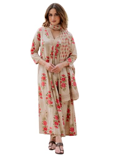 Arayna Womens 100% Pure Cotton Floral Printed Kurta Pant Dupatta Set
