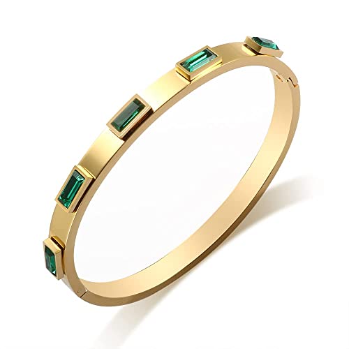 JINHUI Gold Bangles Bracelets for Women, 18K Gold Plated Green Emerald Birthstone Women’s Bangle Bracelets 6.7” Elegant Vintage Casual Gift