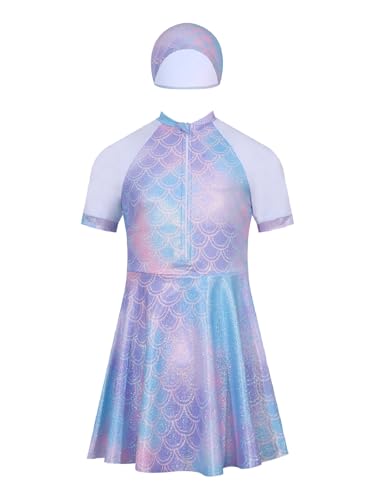 Kids Girls 3Pcs Fish Scales Print Swimsuit Short Sleeve Swim Dress with Bottoms and Cap Beach Bathing Suit