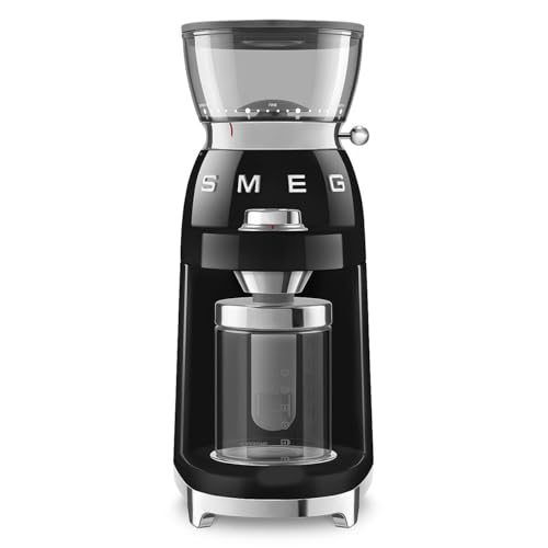 Image of SMEG CGF03 Burr Coffee Grinder, Electric Conical Burr Grinder with 15 Grind Settings, 8 Presets, 240g Bean Hopper, Espresso, Moka & Drip Coffee Grinder, 50's Retro Style (Black)