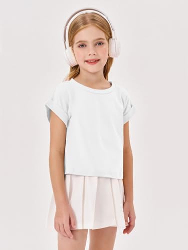 Haloumoning Girls Short Sleeve T-Shirts Crop Top Rolled Sleeve Round Neck Solid Loose Basic Tees for Summer4