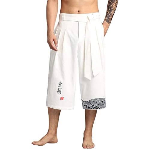 Pantalón de Kimono Tradicional Japonés, Lino Pantalones Cortos Hombre Verano Casual Moda, Ropa Asiática, Pantalones de Baño Playa, Capris Pants Estilo Japonés para Trabajo Running Correr Playa