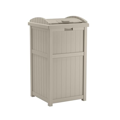Suncast 33 Gallon Hideaway Trash Can for Patio - Resin Outdoor Trash with Lid - Use in Backyard, Deck, or Patio - Taupe