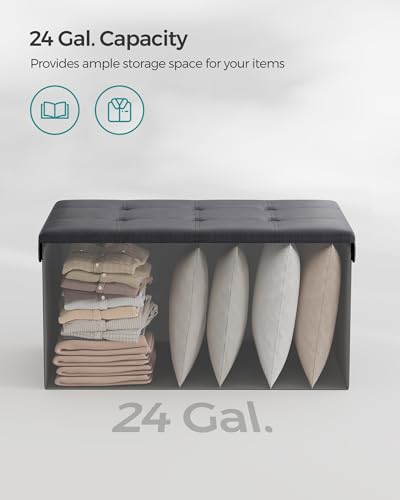 Image of SONGMICS Mazie Collection - 30 Inches Folding Storage Ottoman Bench, Ottoman with Storage, Foot Rest Stool, Load 660 lb, for Living Room, Synthetic Leather, Dark Gray ULSF040G01