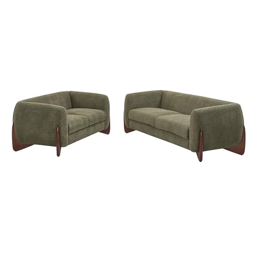 Image of Christopher Knight Home Almad 2 Pieces Sofa Couch Set, Cozy 3-Seater Sofa and Loveseat for Living Room, Upholstered Couch Chair, Soft Seating Lounge Sofa with Wood Frame, Boucle Fabric, Olive Green