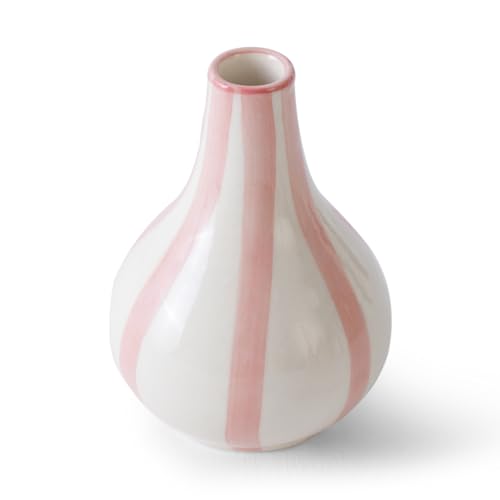 Image of PUREZENTO Pink & White Striped 'Tulip Bud' Ceramic Vase 6 Inch (Pack of 1) | Unique Modern Bud Vase for Dried Flowers & Pampas Grass | Vases for Modern Home Decor, Living Room & Office Decor Ideas