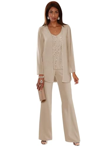 3 Pieces Champagne Mother of the Bride Pant Suits Chiffon Mother of the Groom Pant Suits for Wedding Guest Dresses Size US14